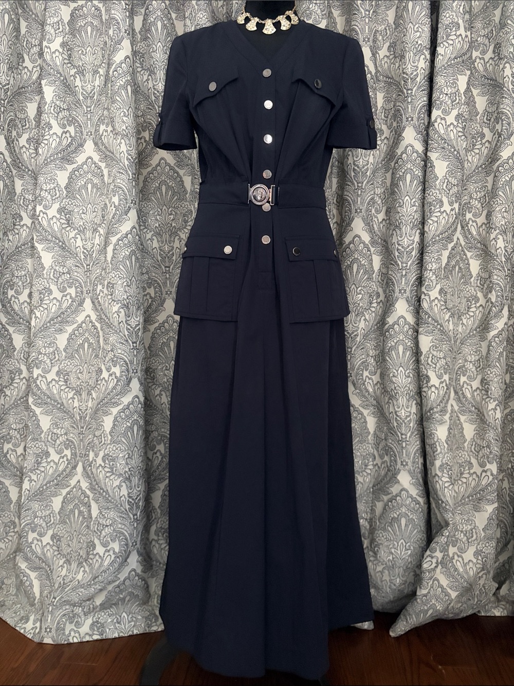 Navy blue poplin peplum long cargo dress